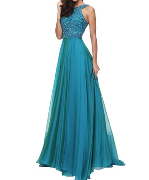 beaded full-length prom dress in teal