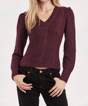 talia metallic v neck sweater top in blackberry
