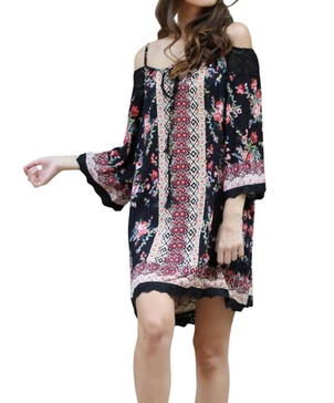 floral twin print cold shoulder dress in black