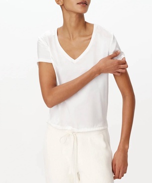 stretch charmeuse v neck tee top in white