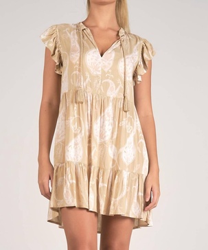 ruffle sleeve v-neck tiered mini dress in taupe rio