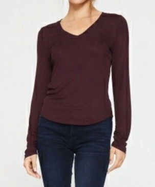 long sleeve ruched cuff top in tawny port
