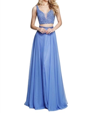 full-length v-neck prom dress in periwinkle