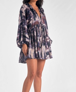 long sleeve print dress in blue marble