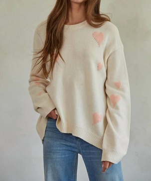 knit sweater heart print crew neck pullover top in natural pink