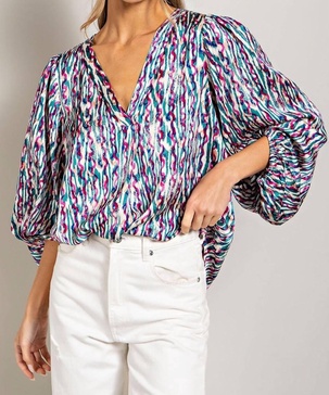retro print v neck bubble sleeve blouse in blue