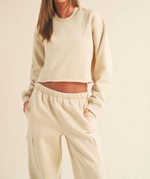 fleece raw edge cut sweatshirt in beige