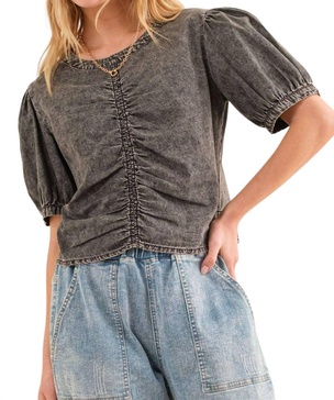 give us time shirring top in charcoal grey
