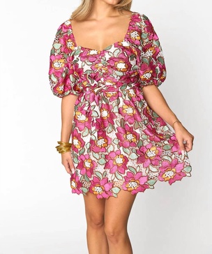 reyna puff sleeve mini dress in pink multi