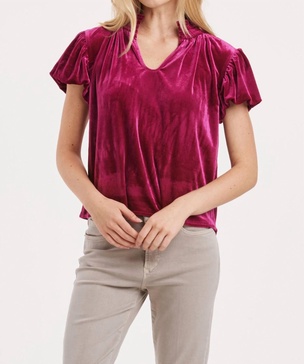 eira short puff sleeve smocked neck top in purple