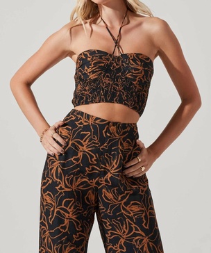allene ruched halter top in black/rust print