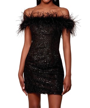 feather neckline glitter prom dress in black