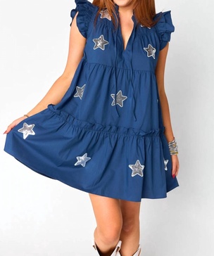 aubrey ruffle short dress in navy/silver star