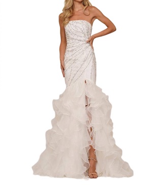strapless beaded mermaid gown in off white