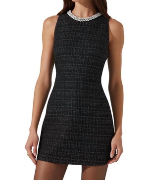 althea tweed pearl collar mini dress in black