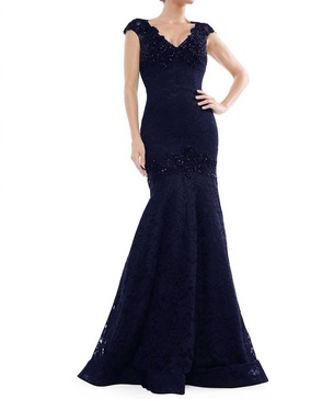 embellished lace fitted trumpet gown in midnight