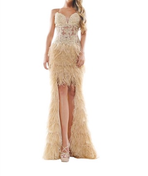 lace with faux feather long dress in nude