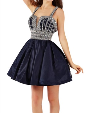 rhinestone short prom dress in navy