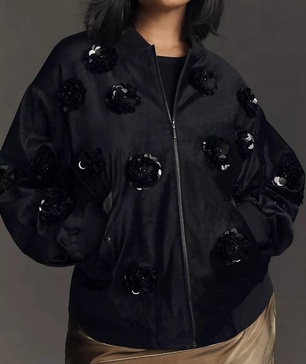 velvet floral embroidered bomber jacket in balck