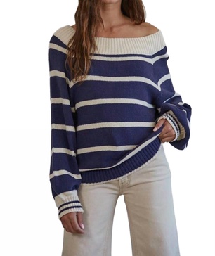knit sweater striped open off shoulder top in navy cream