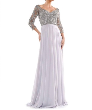 beaded applique chiffon dress in silver