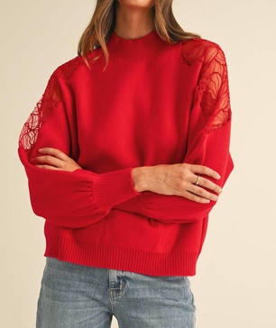 embroidered shoulder mock neck sweater