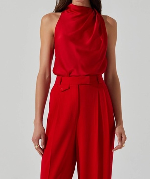 iza satin high neck top in red