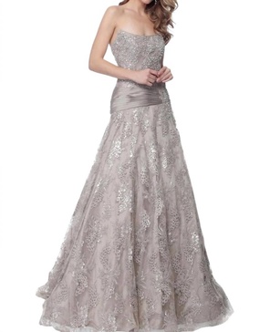 strapless embellished a line evening gown in taupe
