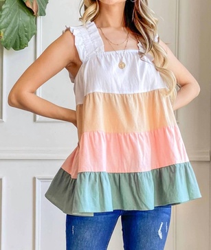 color block ruffle straps tank top in ivory multi