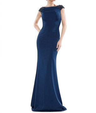 beaded cowl back trumpet gown in navy