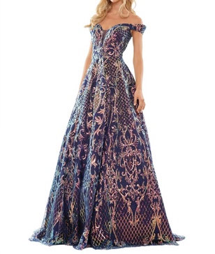off shoulder sequin lace evening gown in navy