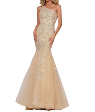 one shoulder mermaid evening dress in gold