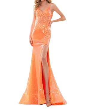 embroidered mesh sequin evening gown in orange