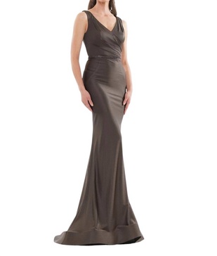herringbone woven fit and flare trumpet dress in dark taupe