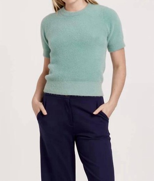 suzie fuzzy short sleeve sweater top in herbal blue