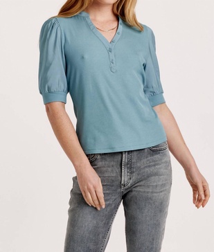 tanner puff sleeve henley top in slate blue