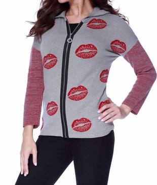 kisses me hooded cardigan in gray/red