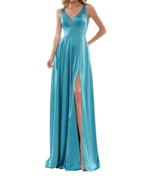 deep v-neck satin a-line gown in teal
