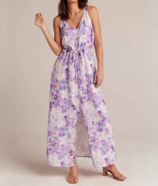linen button front dress in iris floral