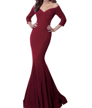 off shoulder mermaid long evening gown in burgundy