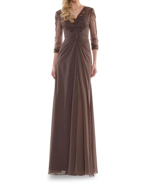 twist waist gown in dark taupe