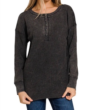 comfy casual waffle henley top in ash black