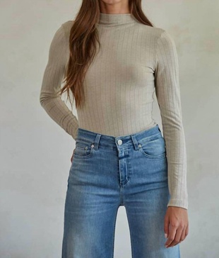 knit ribbed mock neck fitted top in stone