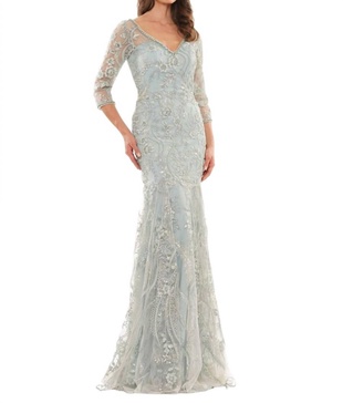 embroidered quarter length sleeve long gown in mint