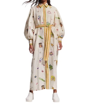 checkers embroidered shirtdress in cream