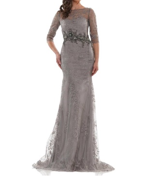 sheer lace mother of bride gown in taupe