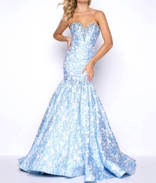 beaded floral brocade prom dress in powder blue