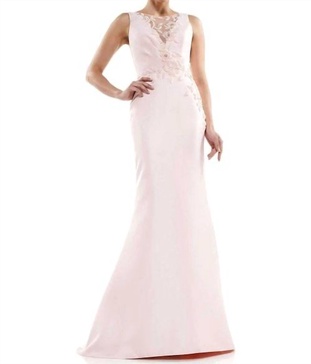 beaded bodice gown in taupe