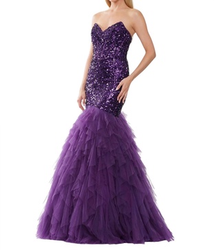 long strapless formal mermaid prom dress in purple
