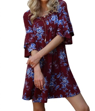 floral double ruffle sleeve dress in plum